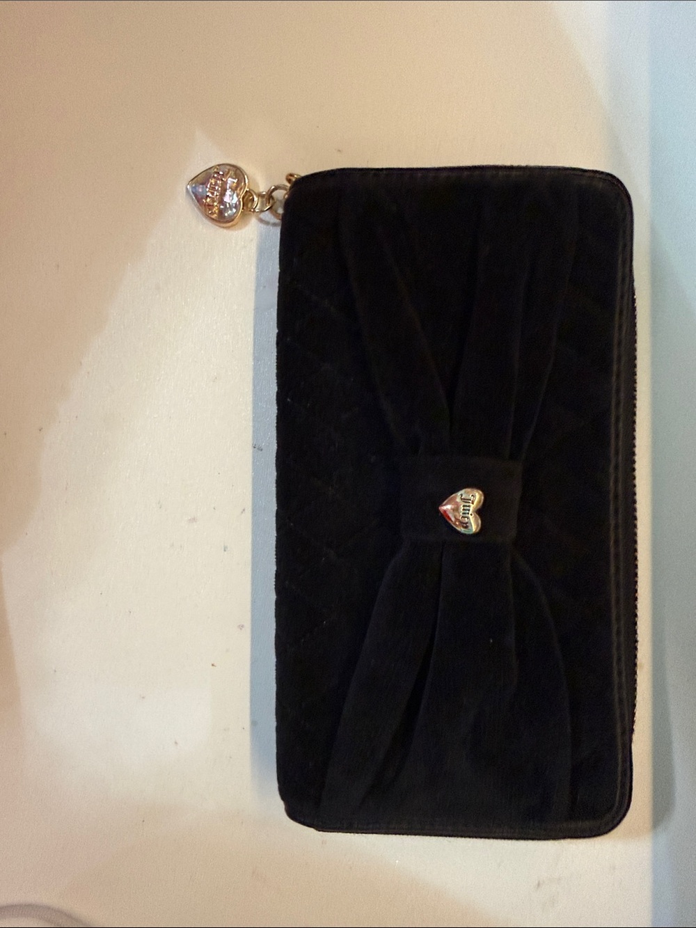Juicy Couture Black Velvet Bow Zip Wallet with Heart Charm